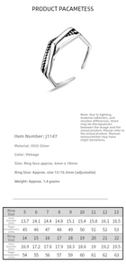 Size chart for 925 sterling silver heart woven ring with inner diameter measurements