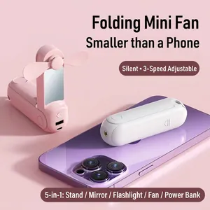 Portable 5-in-1 foldable mini USB fan with power bank and flashlight for travel