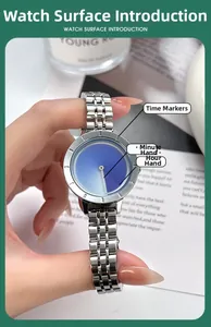 Detail view of women's quartz watch featuring a purple gradient dial and steel band