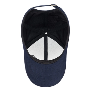 Navy blue baseball cap interior with structured front panel and metal buckle