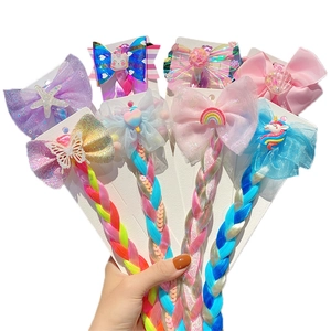 Rainbow princess hair clips with colorful wig braids and unicorn bow decorations