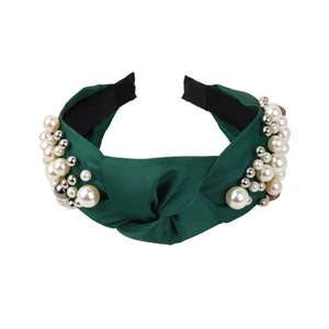 Fashionable dark green knotted fabric headband decorated with imitation pearls and beads