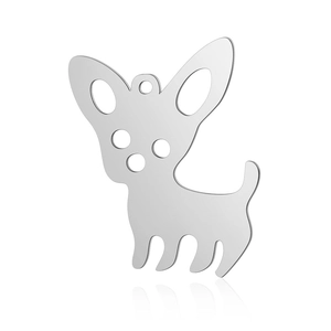 Detailed view of a silver Chihuahua dog pendant in polished stainless steel with cutout