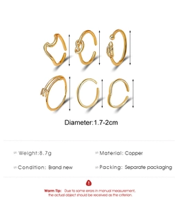 Detailed size specifications for a 6-piece adjustable gold toe ring set in copper