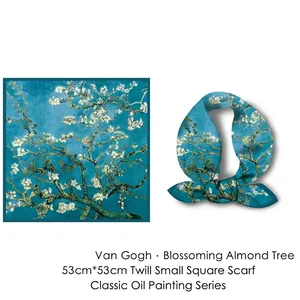 Van Gogh Almond Blossom oil painting silk twill scarf for women in 53cm x 53cm size