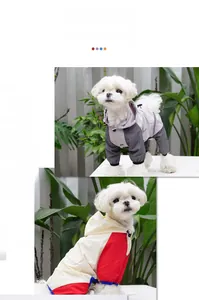 Waterproof four-legged dog raincoat with hood and reflective strips for small pets
