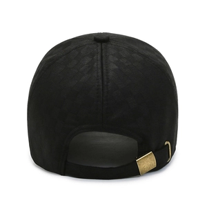Rear view of black plaid baseball cap featuring adjustable bronze metal buckle and strap