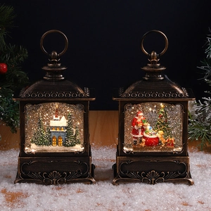 Vintage bronze Christmas lanterns with LED glowing snow scene and Santa Claus figurine
