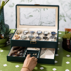 Dunkelgrüne PU-Leder Uhrenbox und Schmuckkasten mit zwei Ebenen und Glasdeckel