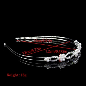 Silver bridal headband with pearls and rhinestones showing exact 14cm by 12cm dimensions