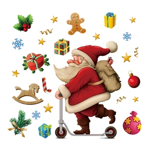 Weihnachtsfensteraufkleber mit Weihnachtsmann auf Roller, Lebkuchenmann und Schneeflocken