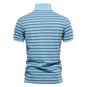 Back view of light blue striped short sleeve polo shirt in knitted cotton on white background