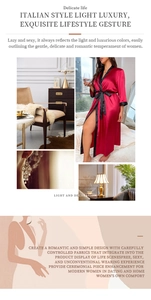 Detailed view of red satin robe featuring black piping and matching waist tie closure