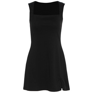 Detail shot of black square neck mini dress featuring a stylish side slit and slim fit