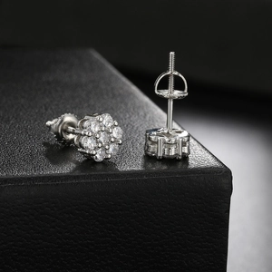 Silver flower screw back stud earrings with full diamond pave setting in a cluster design