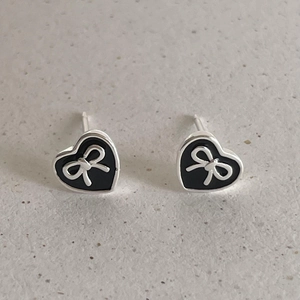 Minimalist 925 sterling silver heart earrings with black bow design for women