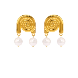 Elegant 18k gold plated stainless steel spiral stud earrings with white pearl drops