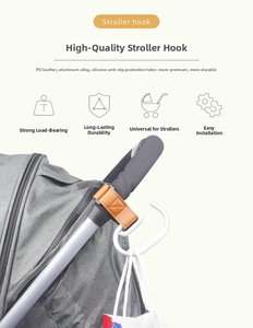 Detail of durable PU leather and aluminum stroller hook with non-slip silicone padding
