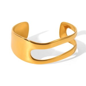 Minimalist asymmetrical 18K gold plated open cuff bangle in polished stainless steel