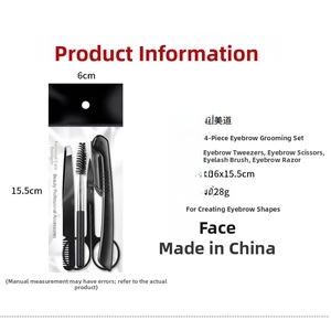 Detail of 4-piece black eyebrow grooming kit with dimensions and stainless steel tool specifications