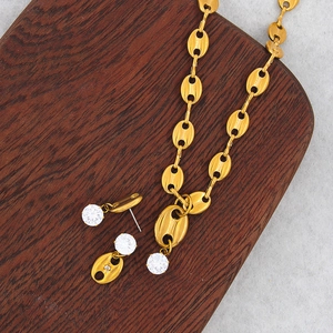 Golden coffee bean chain necklace and stud earrings set with sparkling white zircon