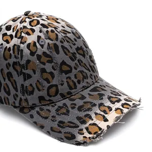 Distressed leopard print baseball cap with vintage frayed holes and a foldable long brim