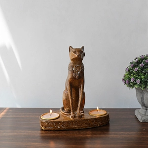 Antique faux wood Egyptian Bastet cat goddess double candle holder for home decor