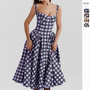 Women Vintage Plaid Spaghetti Strap Corset Midi Dress Sleeveless Backless French Style Big Swing A-Line Sundress