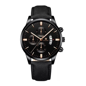 Detail of SHAARMS men's quartz watch with rose gold indices and black leather strap