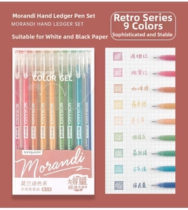 Detailed view of 9-piece vintage Morandi gel pen set with 0.5mm tips and color swatches