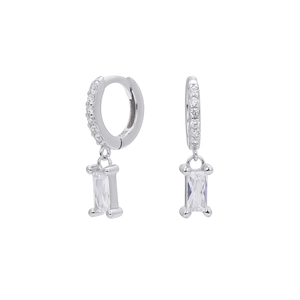Detail of S925 silver hoop earrings featuring a baguette-cut zircon in a 4-prong setting