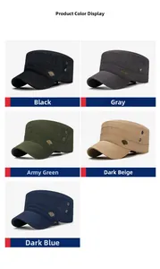 Flat top cadet cap in five colors featuring metal side eyelets and branding plate