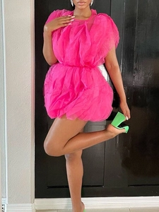 Chic magenta ruffled mesh mini dress with elegant tiered layers and a round neckline