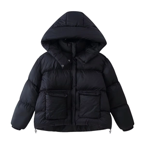 Women Winter Hooded Puffer Jacket Cotton Polyester Warm Solid Color Fashion Casual Outerwear With Pockets