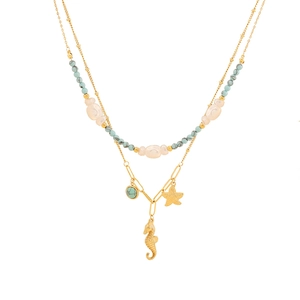 Double-layered turquoise beaded necklace with starfish and seahorse gold pendants