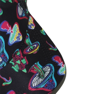 Close-up of a black baseball cap featuring vibrant neon mushroom print and fabric texture