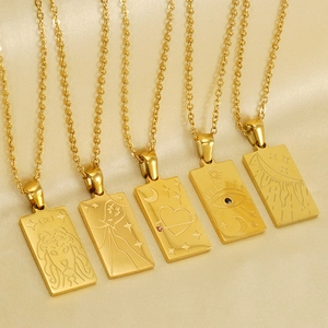 Tarotkarte Anhänger Halskette 18K Vergoldeter Edelstahl Vintage Rechteckige Tag Sternzeichen Schmuck Damen