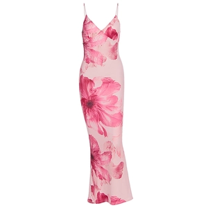 Close-up of pink floral print dress with deep V-neckline and delicate spaghetti straps