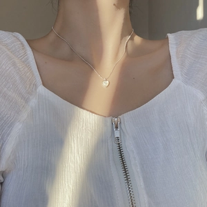 Heart Pendant Necklace 925 Sterling Silver Mother Of Artificial Pearl Inlay Bead Chain Clavicle Elegant Jewelry For Women