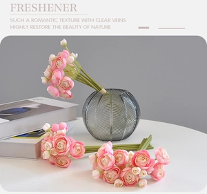 Pink ranunculus silk bouquet in a grey glass vase for minimalist home decor styling