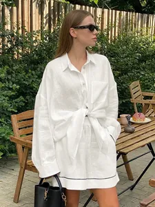Tenue En Coton Pour Femmes Chemise À Nouer À Manches Longues Et Short Taille Haute Passepoil Contrasté Blanc