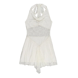 Detailed close-up of white lace fabric with intricate hollow embroidery and mesh texture