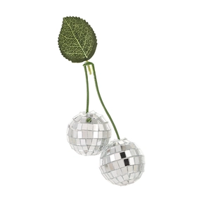 Close-up of disco ball cherry decor with reflective silver mirror tiles and green leaves