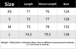 Size chart for color-block wool coat showing length, sleeves, and bust measurements