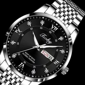 Macro shot of stainless steel watch dial with Roman numerals, date and week window