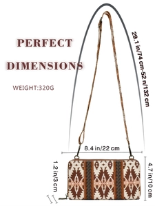 Detailed size specifications and dimensions for bohemian ethnic style canvas clutch bag
