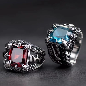 Gothic dragon claw ring with red and blue zircon stones in vintage silver finish