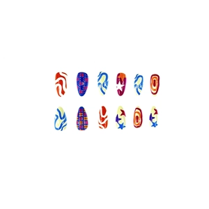 Colorful almond press-on nails with embossed stars and stripes patterns on white background