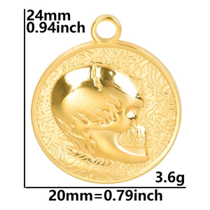 Gold stainless steel skull relief pendant necklace charm with measurement details