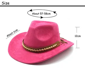 Detailed size chart for pink suede Fedora hat showing crown height and brim measurements